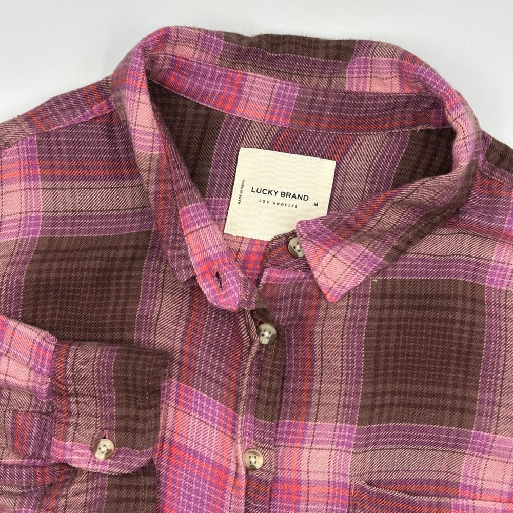Lucky Brand Plaid Button Down Flannel Shirt Purple Pink Brown LS Women's Medium